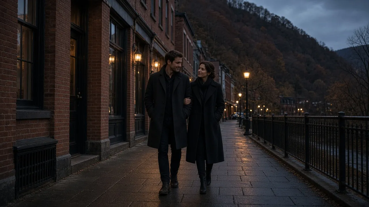 A dressed couple in coats on a valley sidewalk at dusk, hills close behind, no signs.