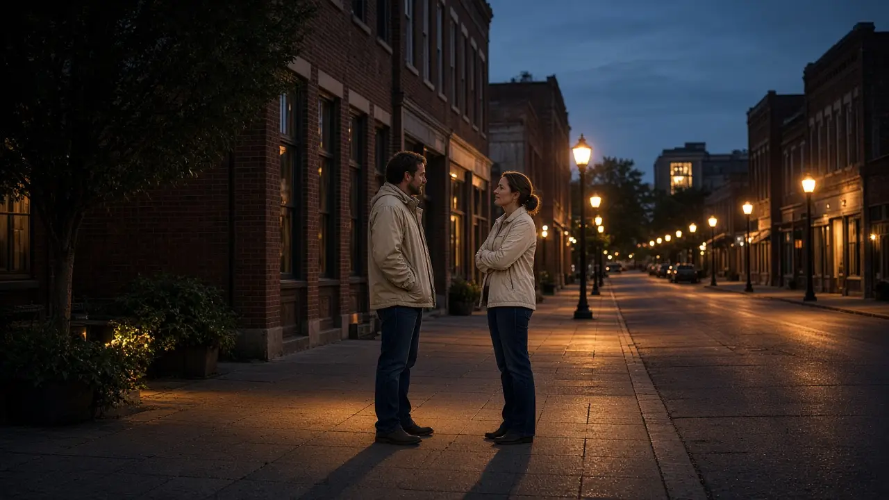 A dressed couple in jackets on a brick downtown sidewalk at dusk, no signs.