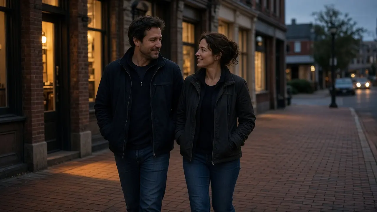 A dressed couple in jackets on a brick sidewalk at dusk, warm windows with no signs.