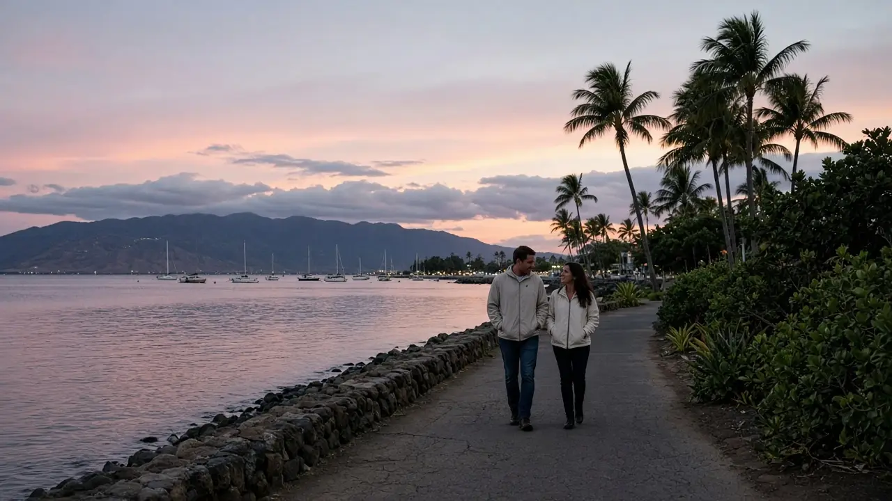 A dressed couple in light jackets on a harbor path at dusk, mountains behind them.