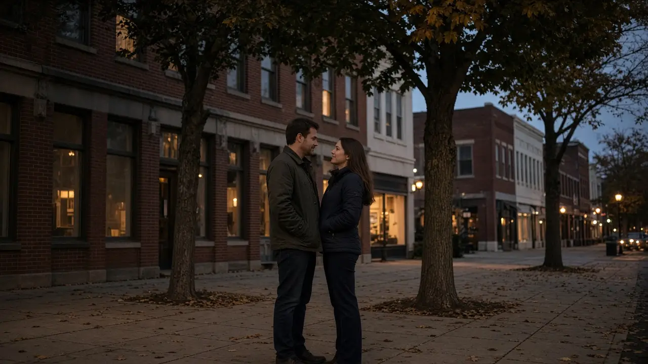 A dressed couple on a downtown sidewalk at dusk, brick storefronts and maple trees.