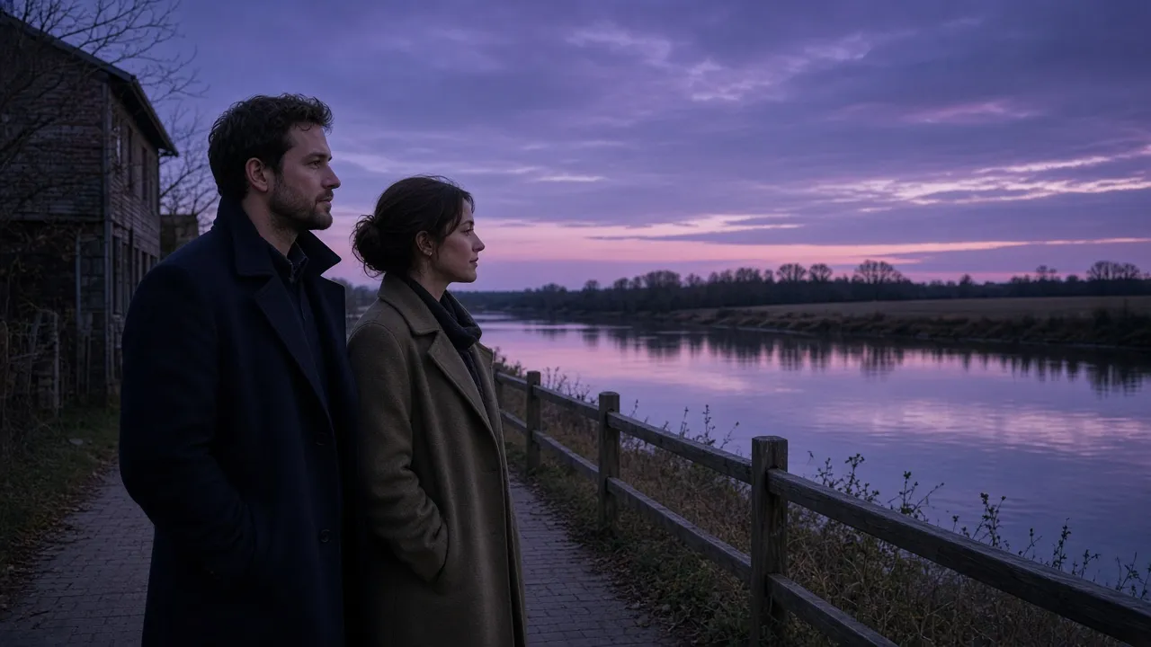 A dressed couple in coats on a river-town sidewalk at dusk, a slow river and flat fields, no signs.