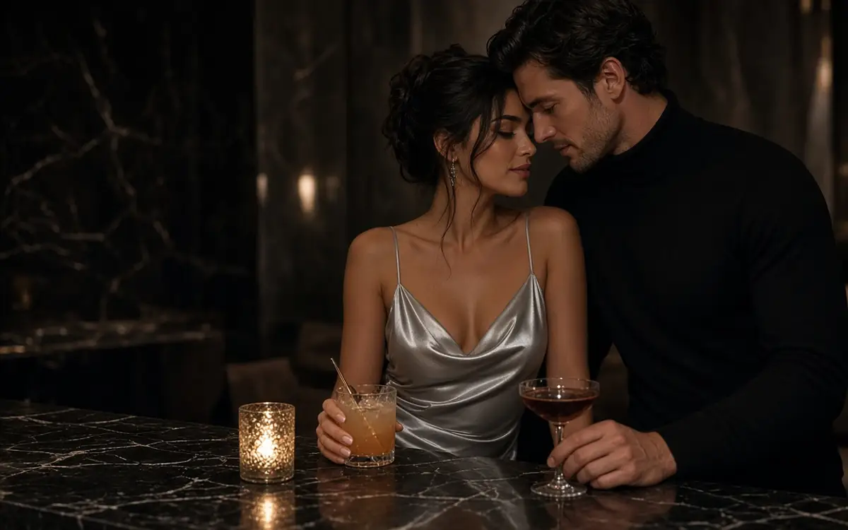 A dressed couple at a dark bar, her silver dress and his black turtleneck.