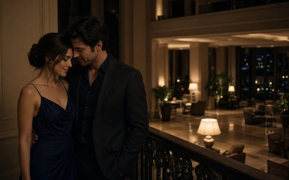A dressed couple on a quiet mezzanine, her blue gown and his open collar.