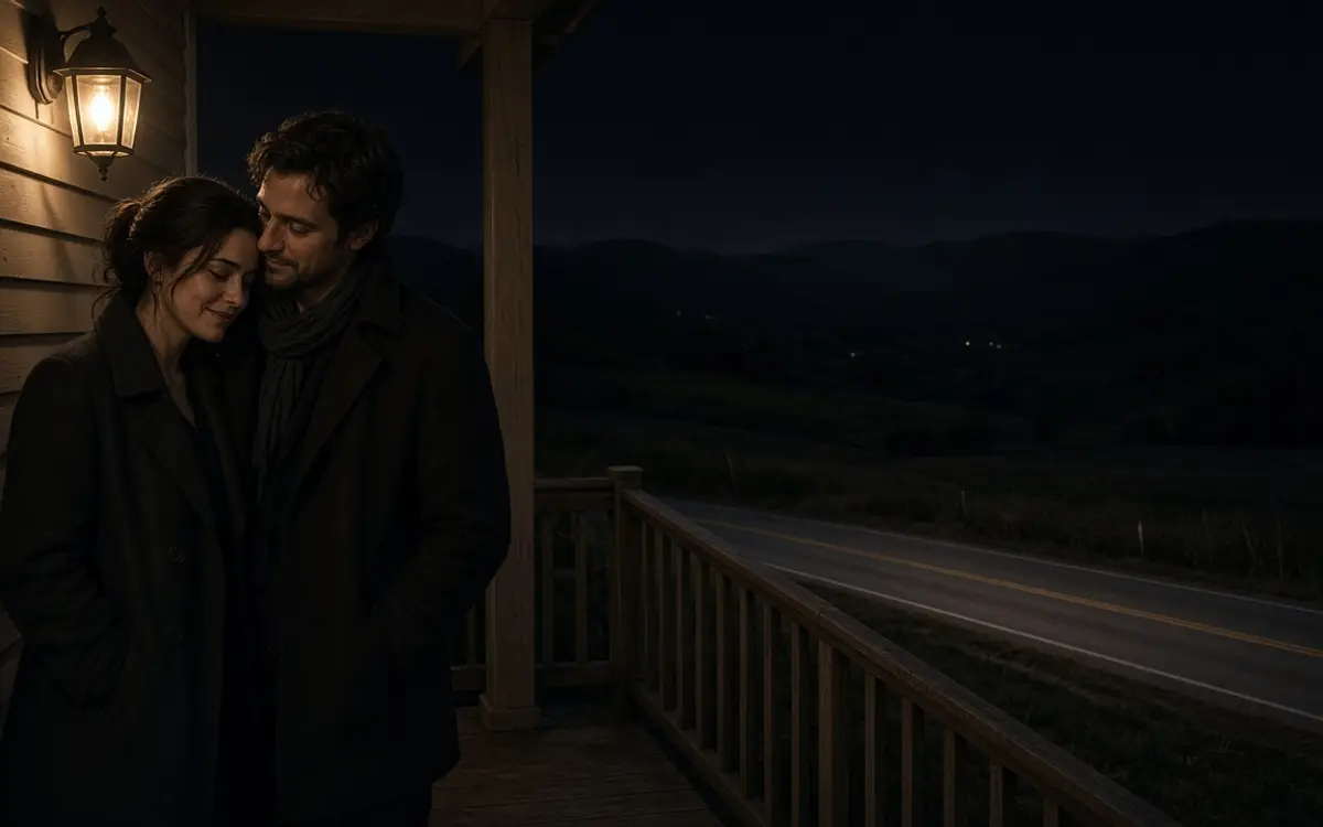 A dressed couple on a porch at night, dark hills and a quiet road.
