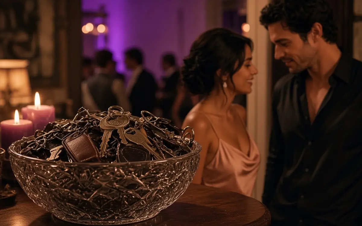 A glass bowl of vintage car keys on a wood table, with a couple in 1970s clothes behind it.