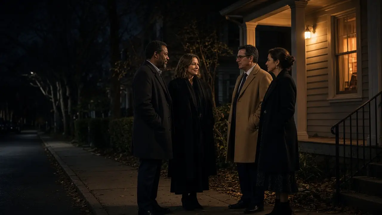 Two dressed couples talking on a sidewalk under a warm porch lamp.