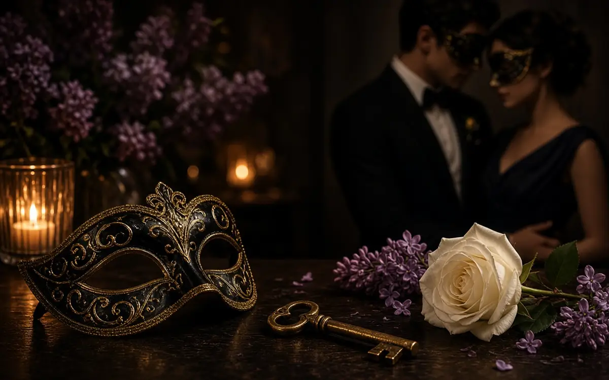 Masquerade masks and a brass key on a dark table.