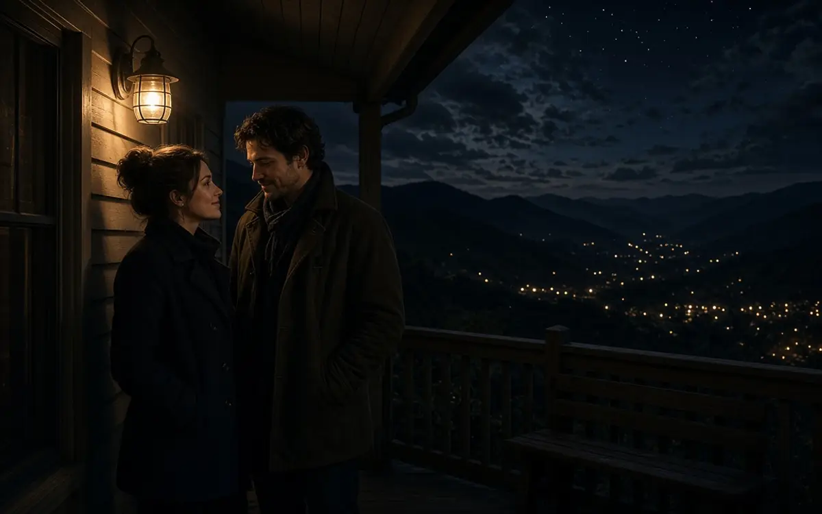 A dressed couple on a porch at night, dark hills and distant valley lights.