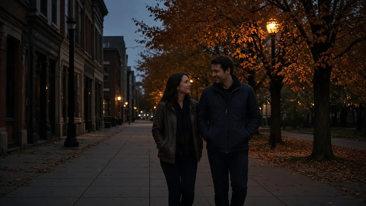 A dressed couple in jackets on a flat downtown sidewalk at dusk, autumn trees, no signs.