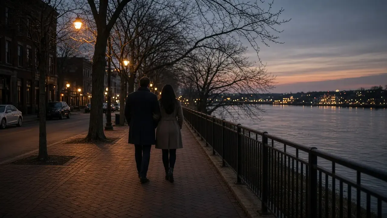 A dressed couple in wool coats on a brick riverside sidewalk at dusk, bare trees, no signs.