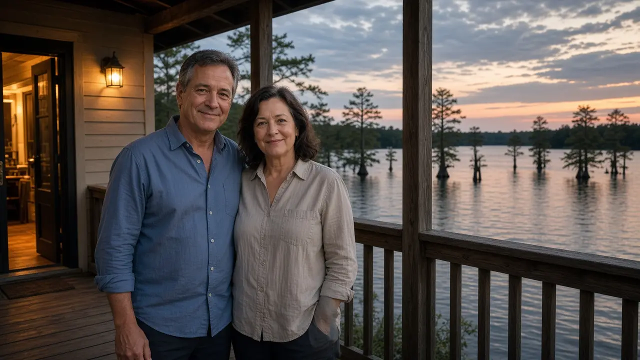 A dressed couple on a porch at dusk, a wide lake and cypress behind them.
