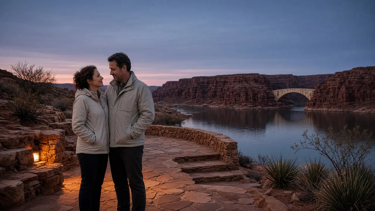 A dressed couple in light jackets on a desert patio at dusk, red rock beyond.