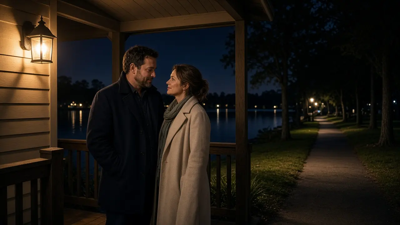 A dressed couple on a porch at night, a lake path and a warm lamp.