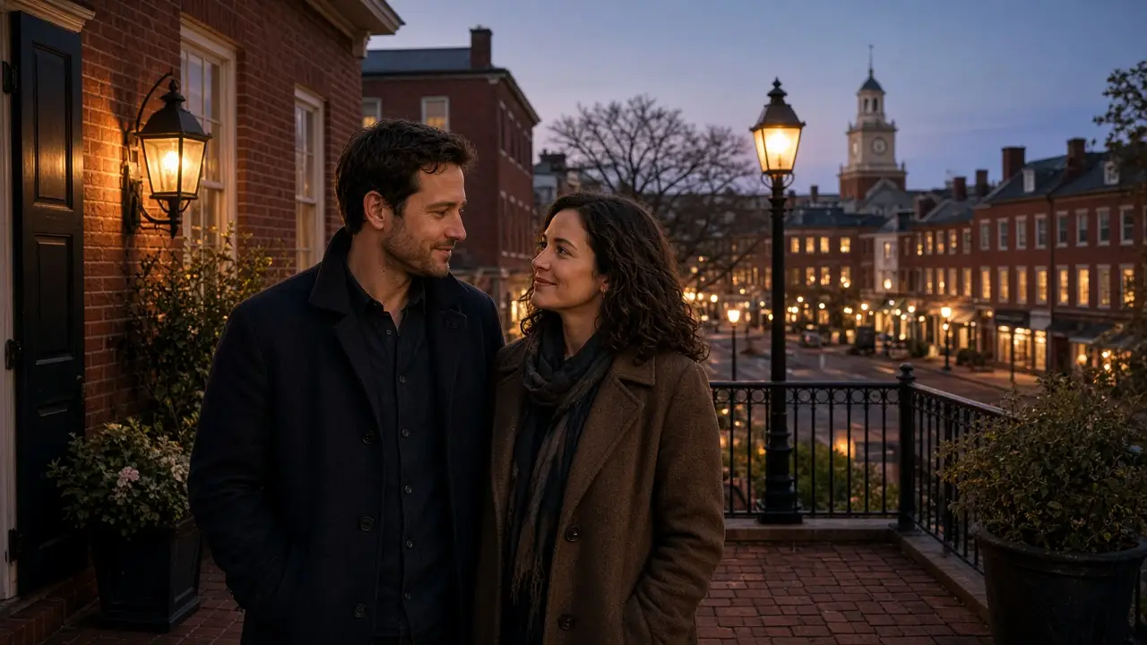 A dressed couple on a porch at dusk, a brick square and a warm lamp.