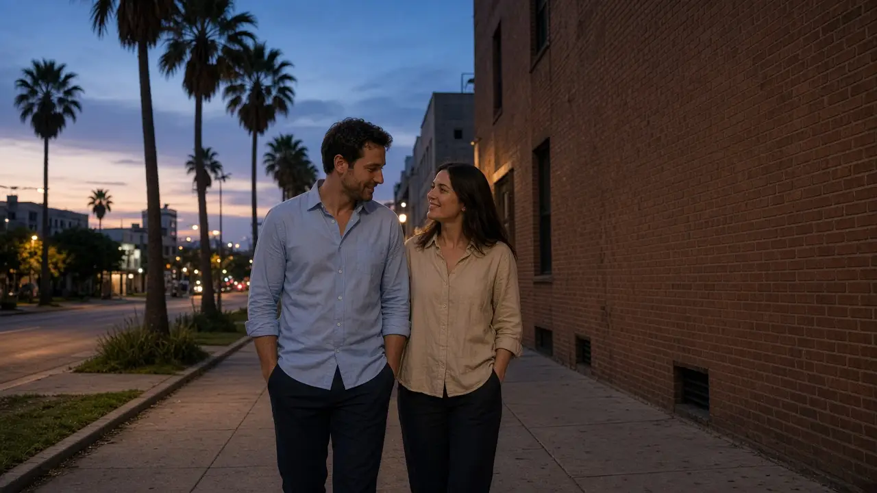A dressed couple on a downtown sidewalk at dusk, palm trees and a warm brick facade.