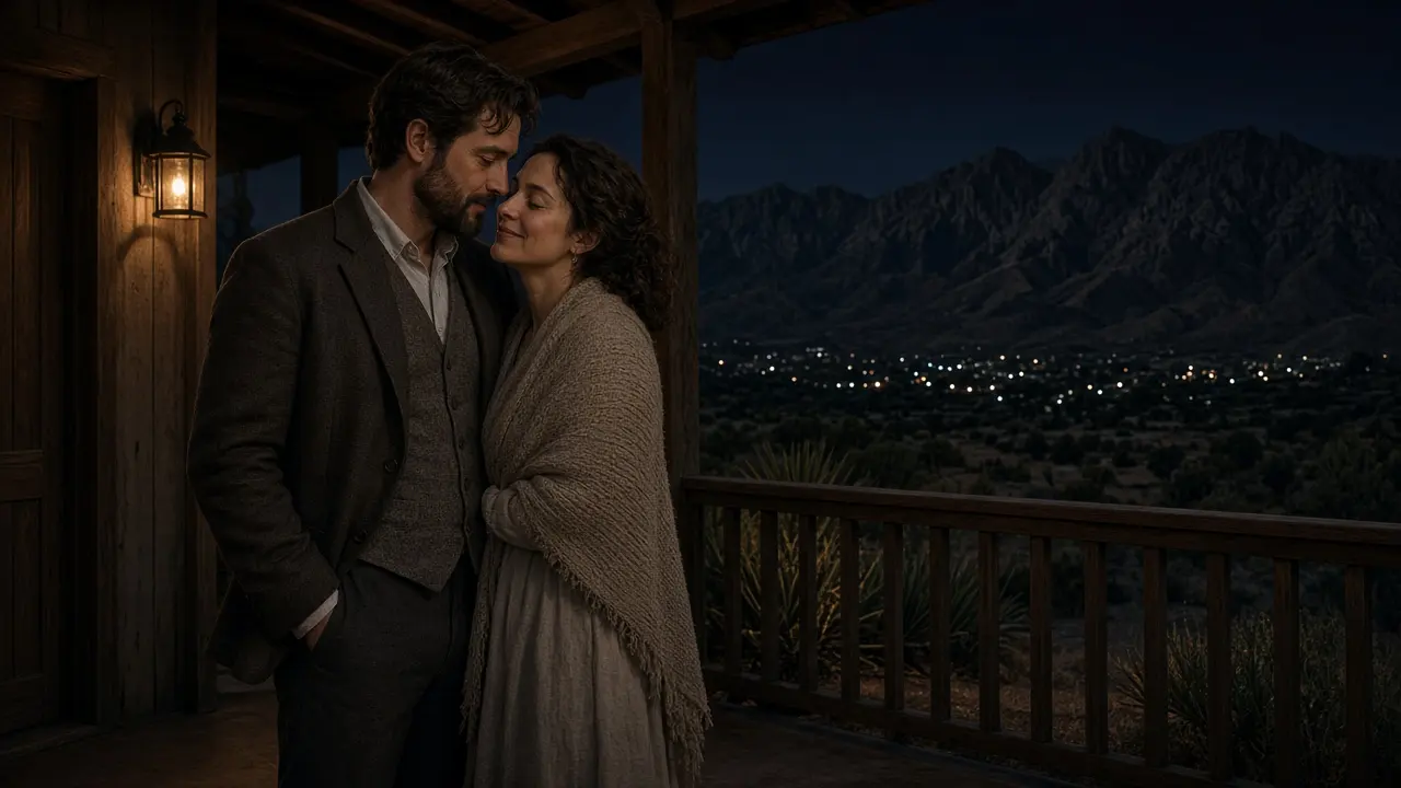 A dressed couple on a porch at night, organ mountains and a warm lamp.
