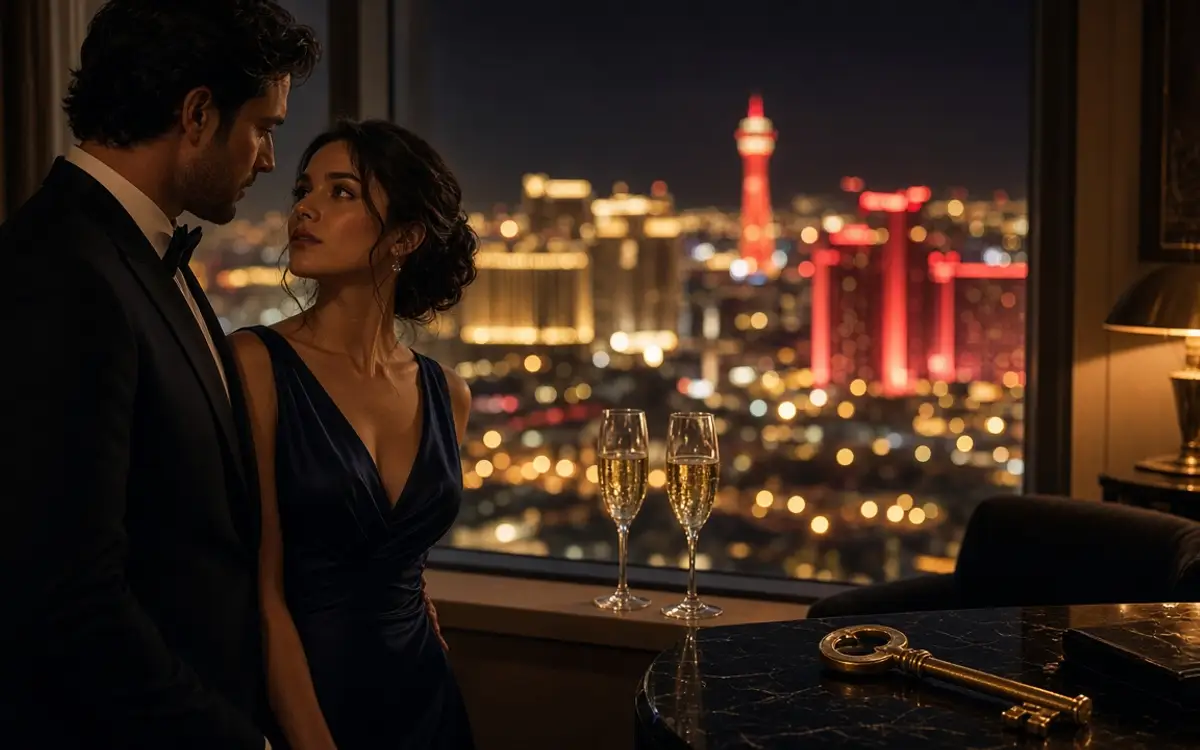 A dressed couple at a hotel window, neon city lights behind the glass.