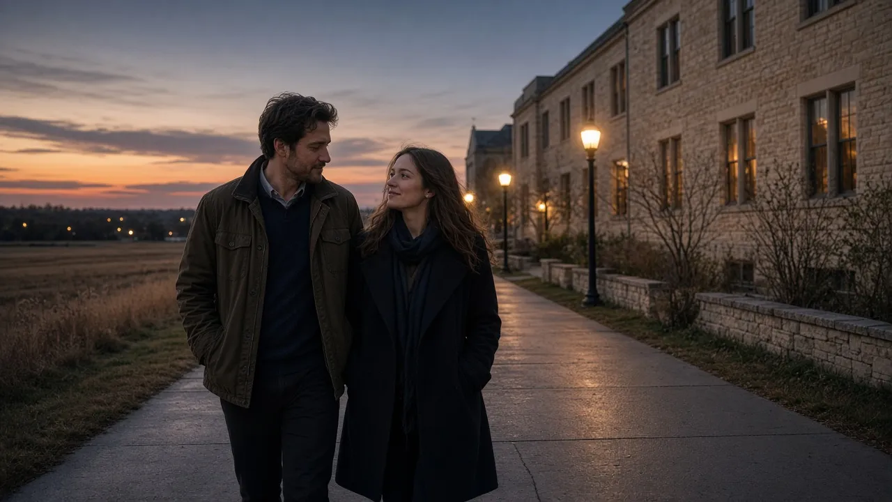 A dressed couple in jackets on a prairie-town sidewalk at dusk, no signs.