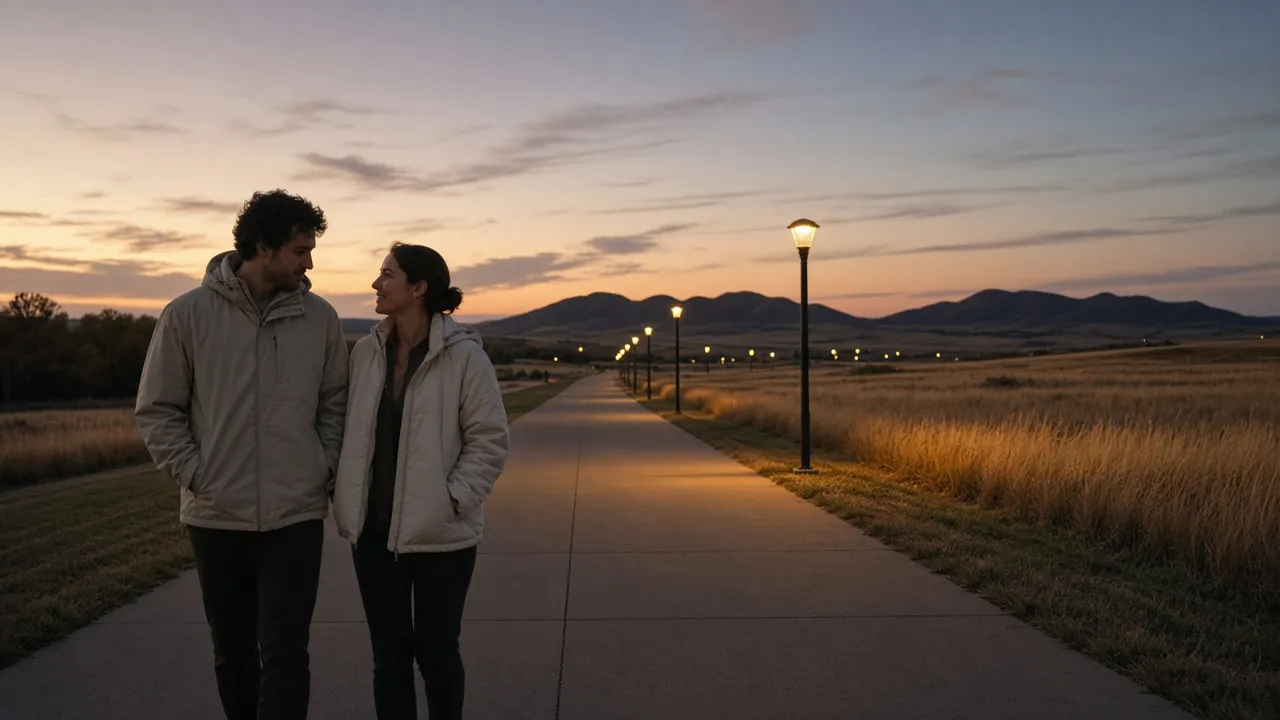 A dressed couple in light jackets on a plains sidewalk at dusk, low mountains far off.