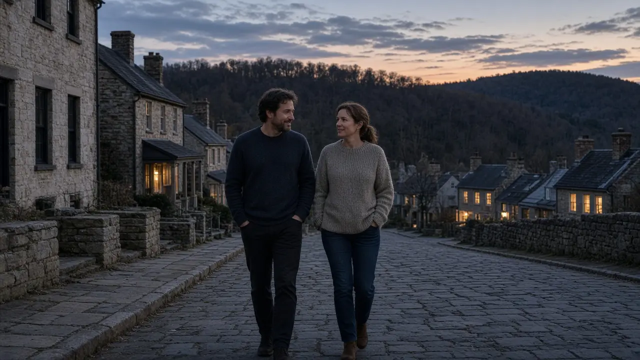 A dressed couple in sweaters on a limestone street at dusk, hills behind.