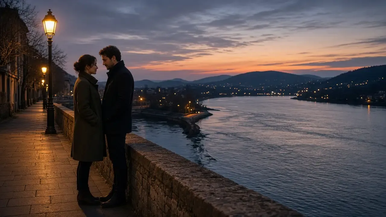 A dressed couple in jackets on a river-confluence sidewalk at dusk, low hills, no signs.