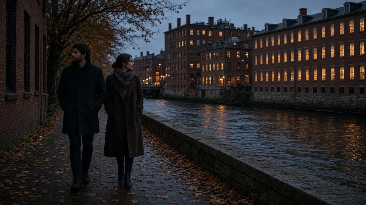 A dressed couple in heavy coats on a mill-town sidewalk at dusk, a river and brick mills behind, no signs.