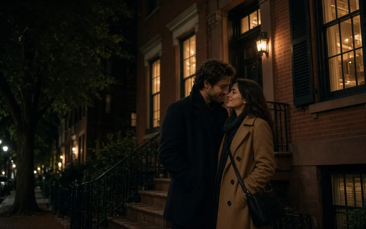A dressed couple on a brick stoop at night, trees and warm windows.