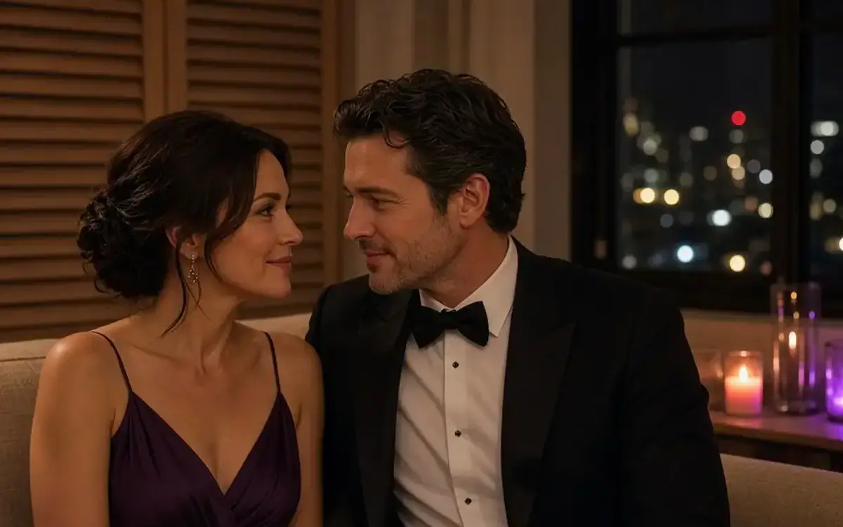 A dressed couple in a New Orleans living room at night, city lights beyond the shutters.