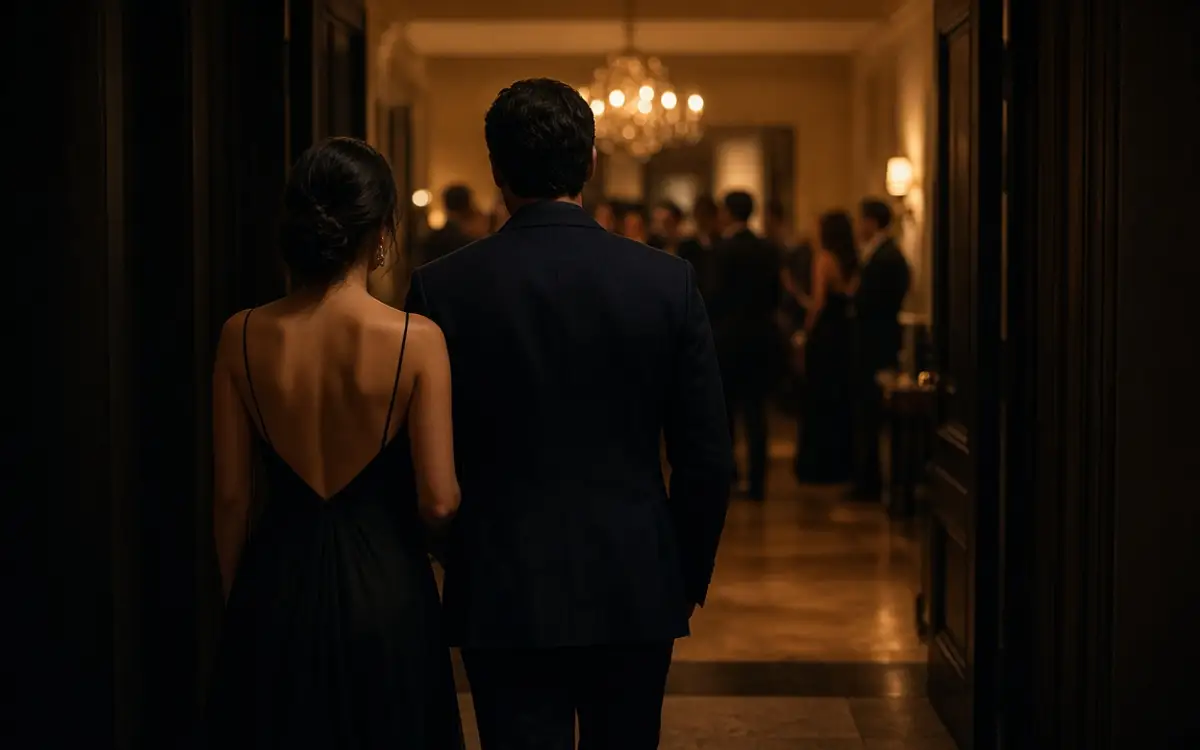 A dressed couple at a private doorway, her backless dress and warm light ahead.