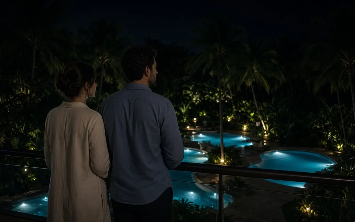 A dressed couple on a resort balcony at night, pool lights below and dark palms.