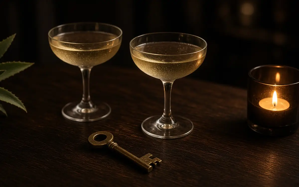 Two champagne glasses and a brass key on a dark table in candlelight.