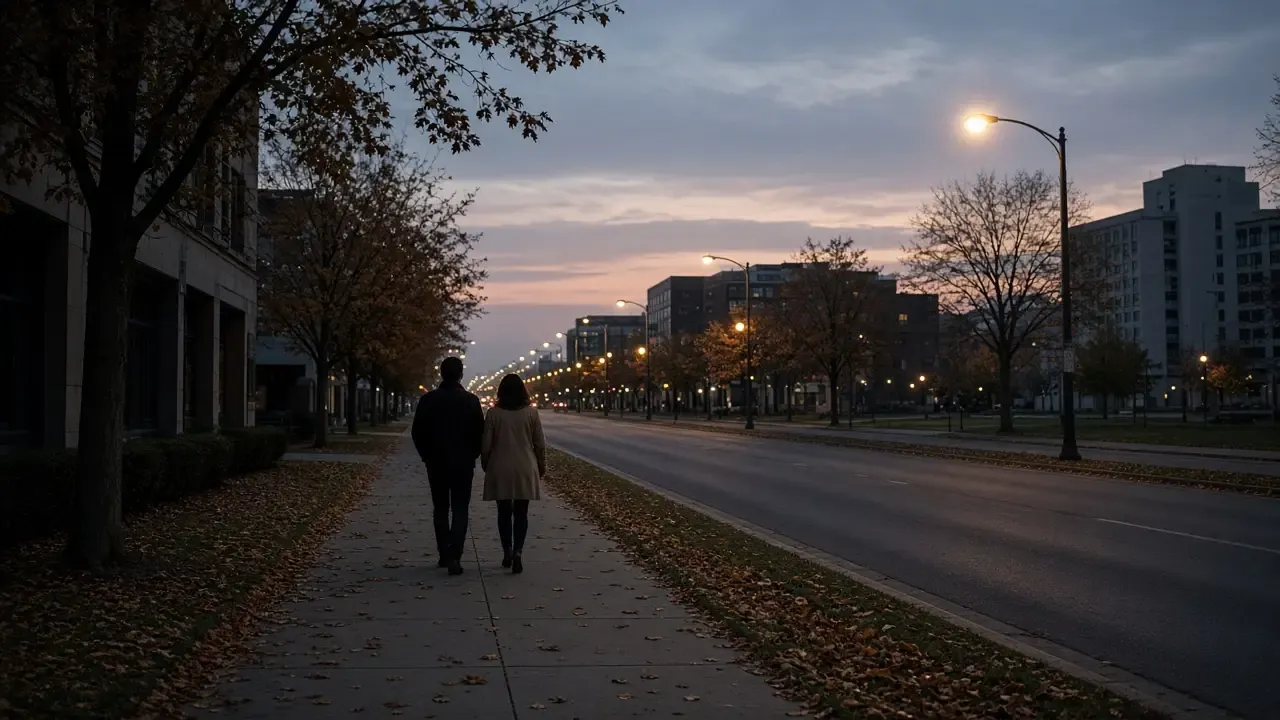 A dressed couple in jackets on a flat downtown sidewalk at dusk, autumn trees, no signs.