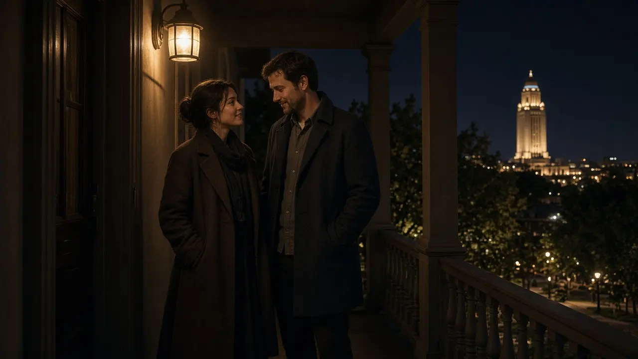 A dressed couple on a porch at night, a capitol tower and a warm lamp.