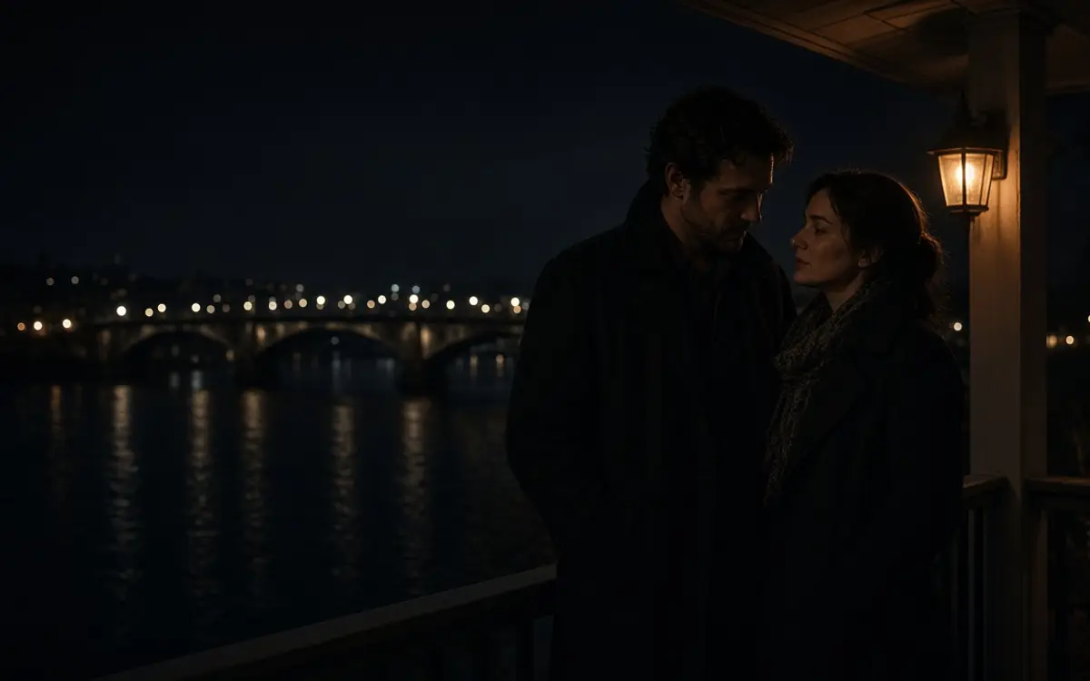 A dressed couple on a porch at night, a lit bridge and dark water.