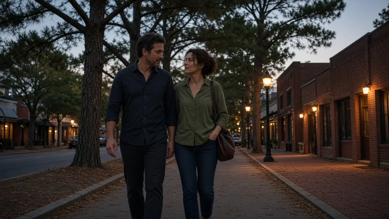 A dressed couple on a pine-lined street at dusk, low brick storefronts and warm lamps.
