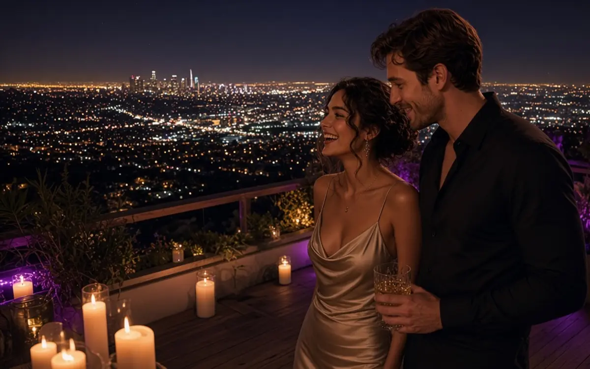A dressed couple on a Los Angeles deck at night, city lights spread out below.