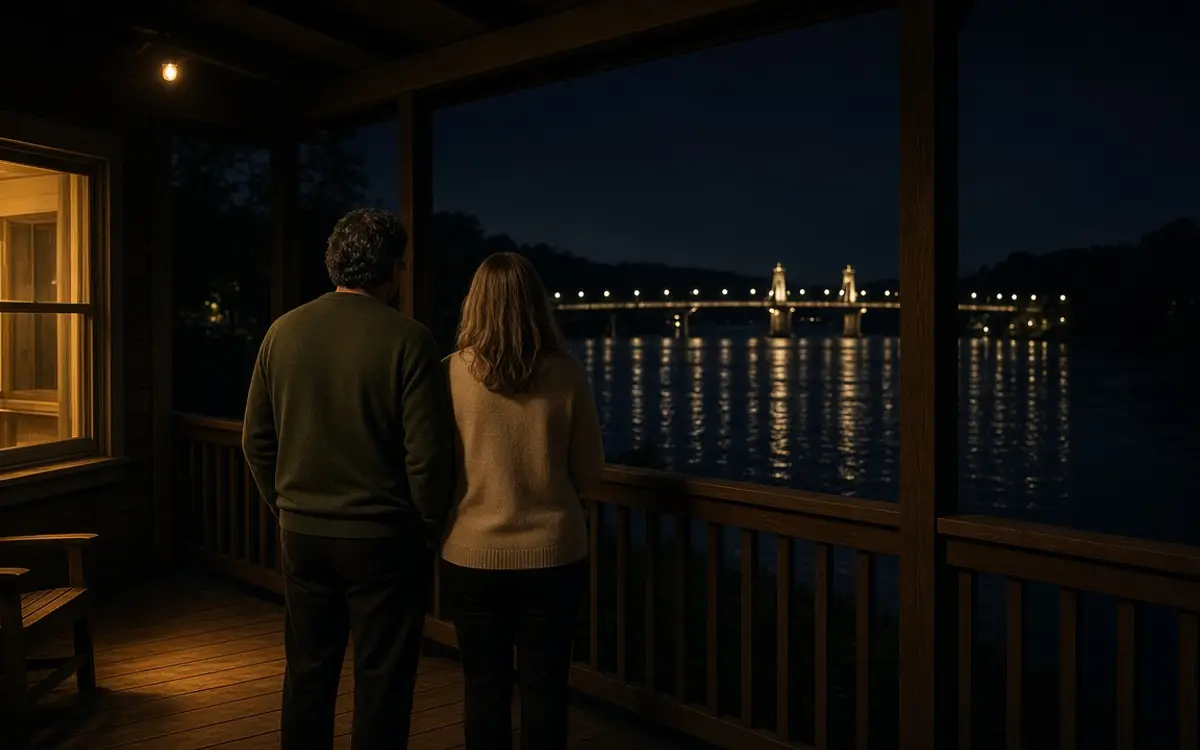 A dressed couple on a porch at night, a lit bridge and city lights in the distance.