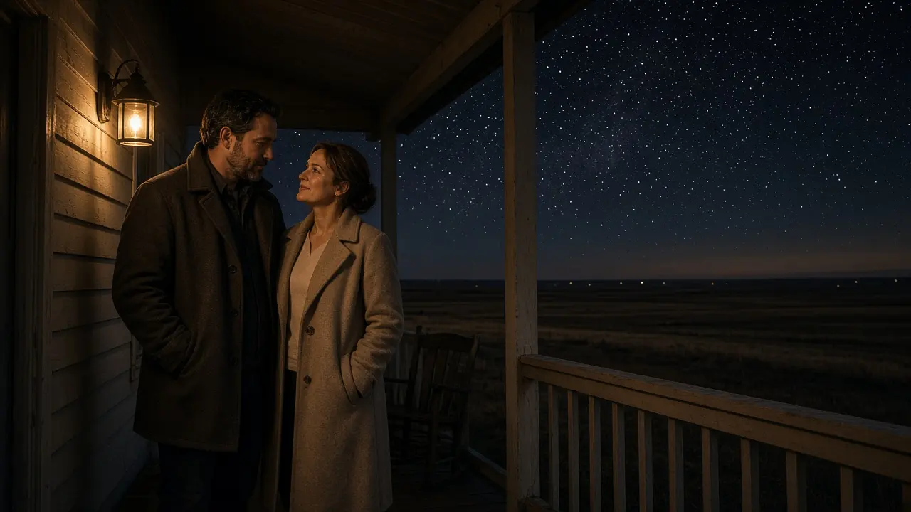 A dressed couple on a porch at night, a wide plains sky and a warm lamp.