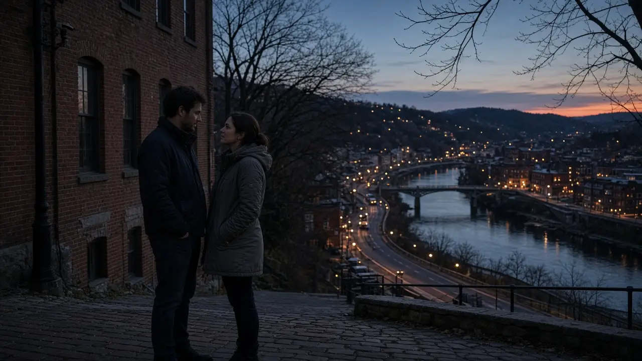 A dressed couple on a hillside street at dusk, brick buildings and a river valley.
