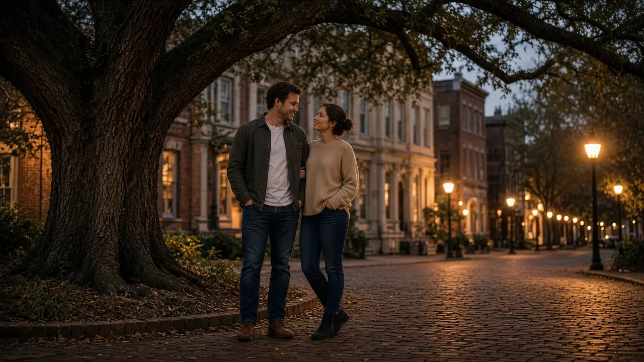 A dressed couple under a large oak on a brick street at dusk.