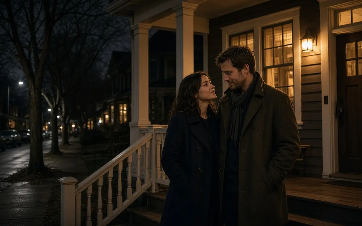 A dressed couple on a porch at night, a quiet street and warm windows.