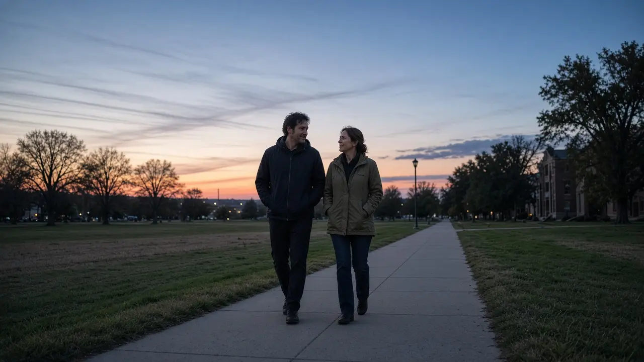 A dressed couple in jackets on a prairie sidewalk at dusk, no signs.