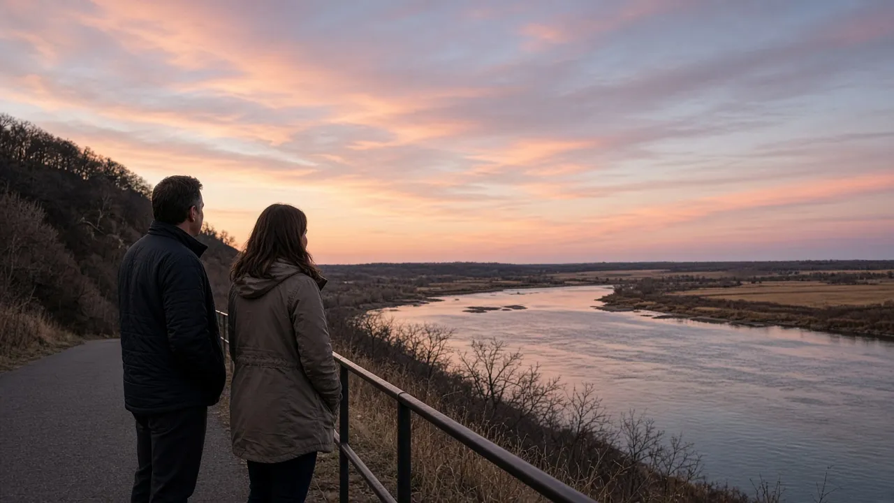 A dressed couple in jackets on a river-bluff sidewalk at dusk, a wide shallow river, no signs.