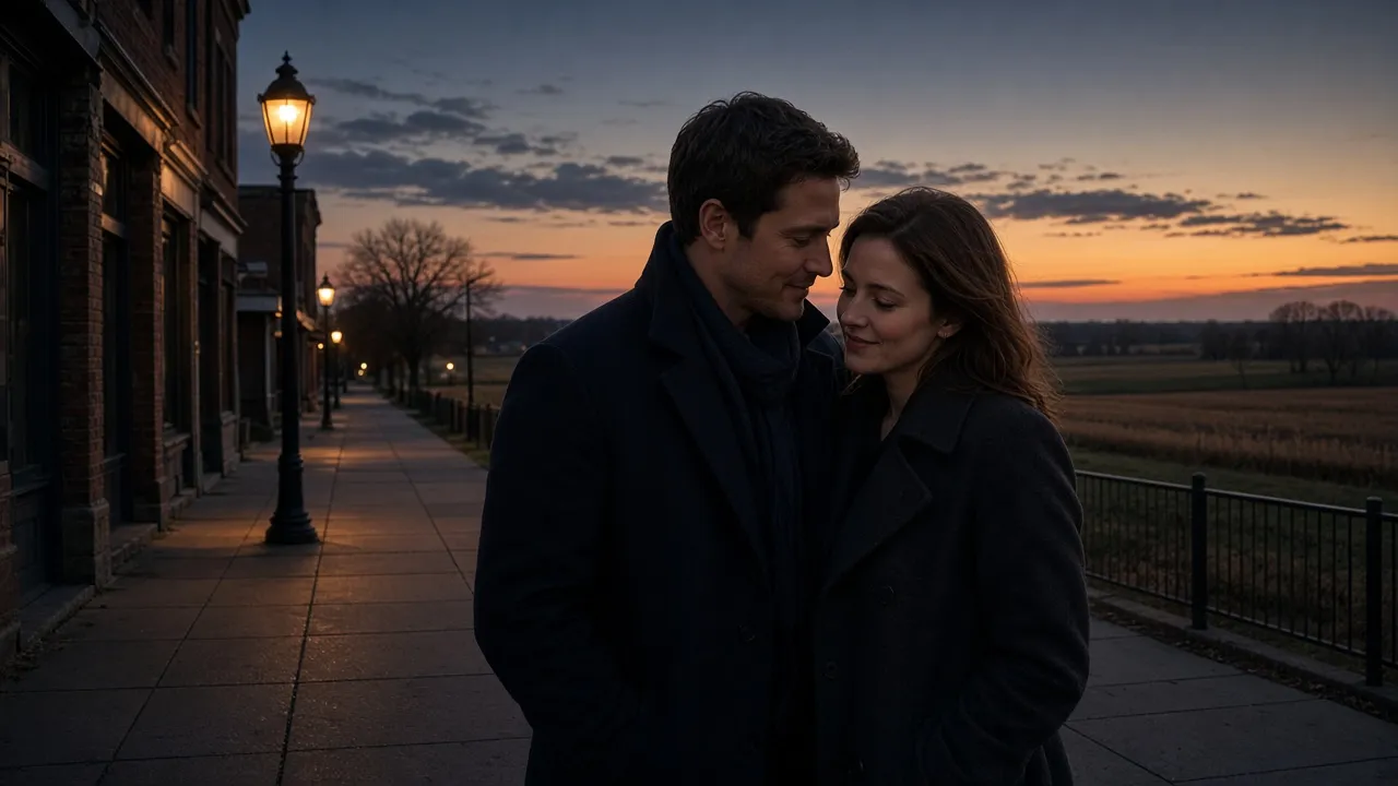 A dressed couple in jackets on a small-city sidewalk at dusk, no signs.