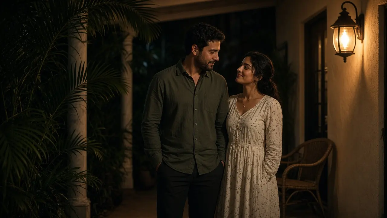 A dressed couple on a porch at night, palm shade and a warm lamp.