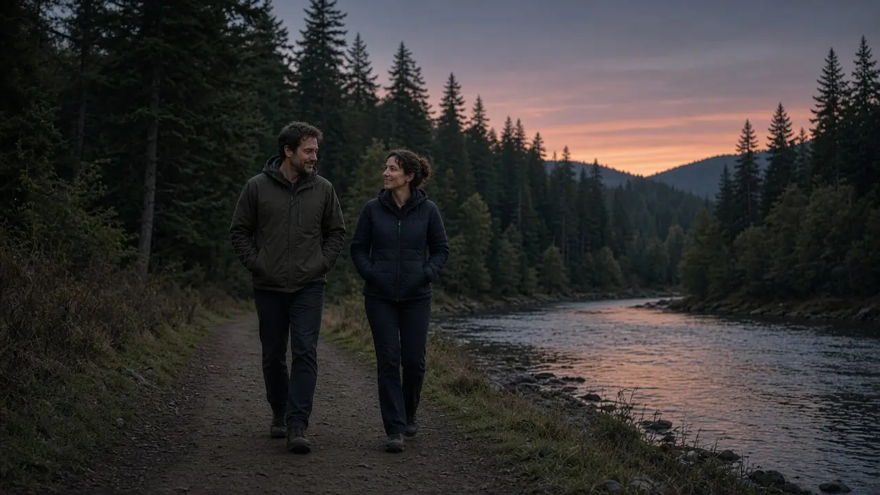 A dressed couple in jackets on a riverside path at dusk, evergreen hills beyond.