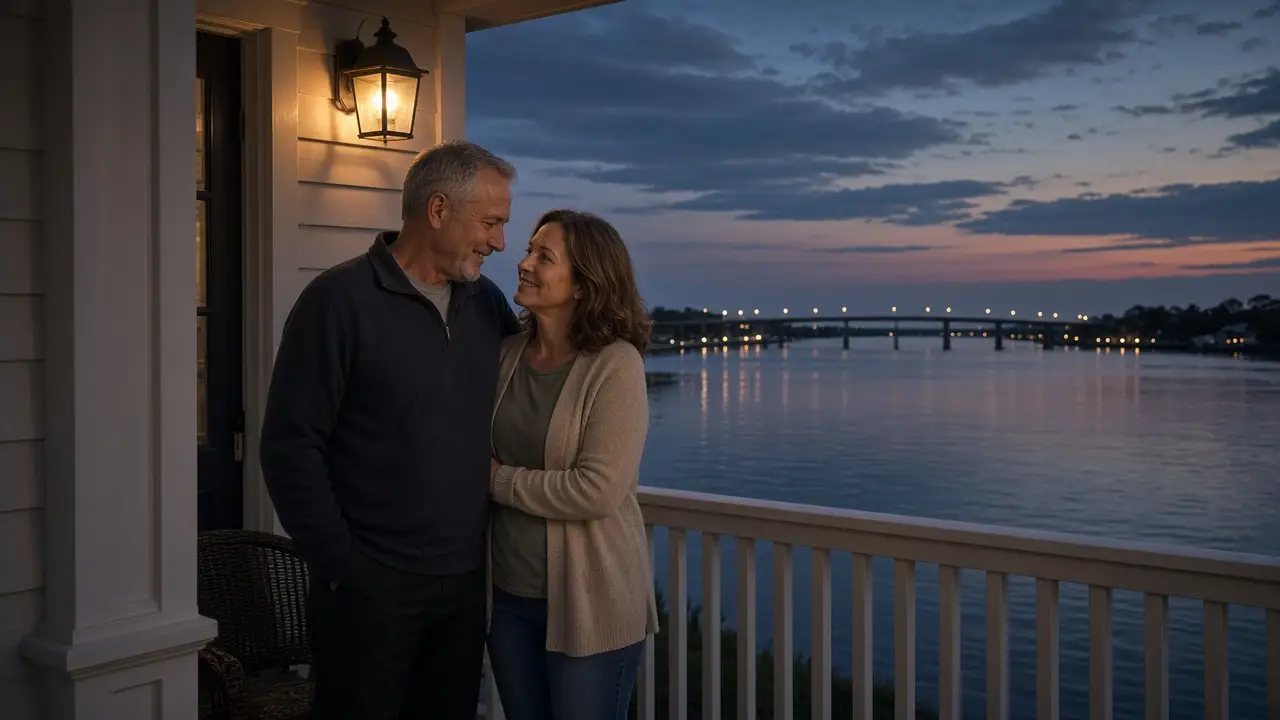A dressed couple on a porch at dusk, a river lagoon and a warm lamp.