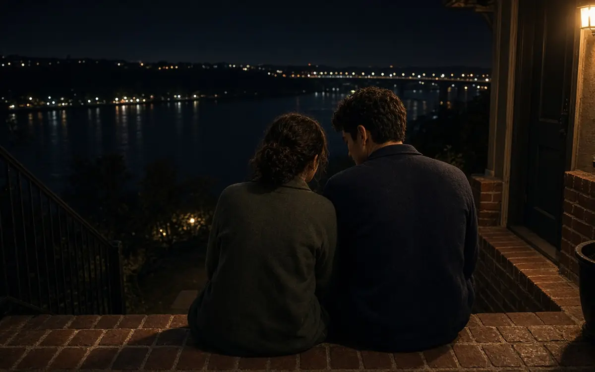 A dressed couple on a brick stoop at night, a river bluff and distant bridge lights.