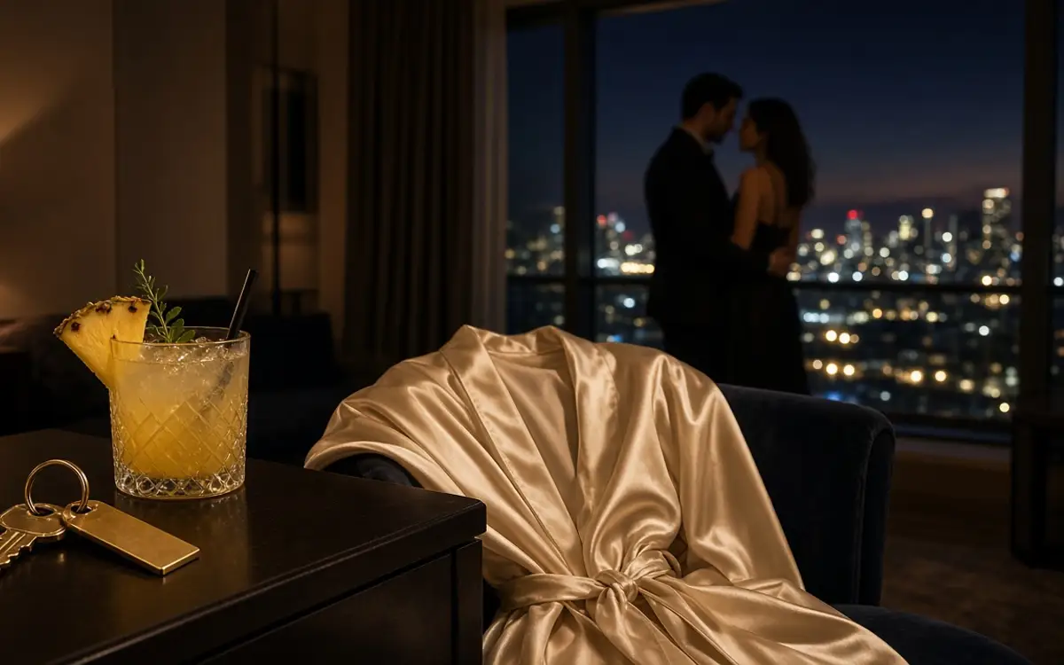 A woman in a black dress and a shirtless man in a Miami suite, city lights behind them.